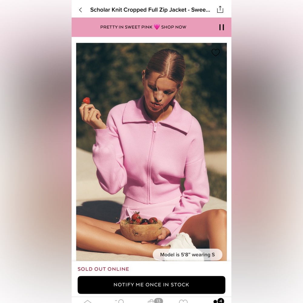 ALO YOGA SWEET PINK SCHOLAR KNIT CROPPED FULL ZIP JACKET